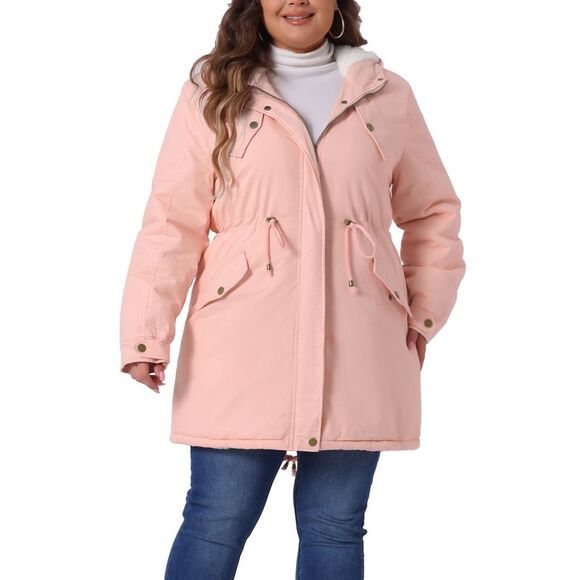 Plus Size Parkas Jackets Faux Fur Lined Anorak Coat with Hood Pink - Picture 2 of 6